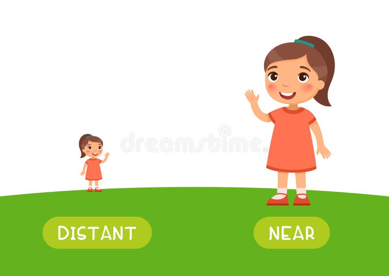 Distant and near antonyms word card vector template. Opposites concept.