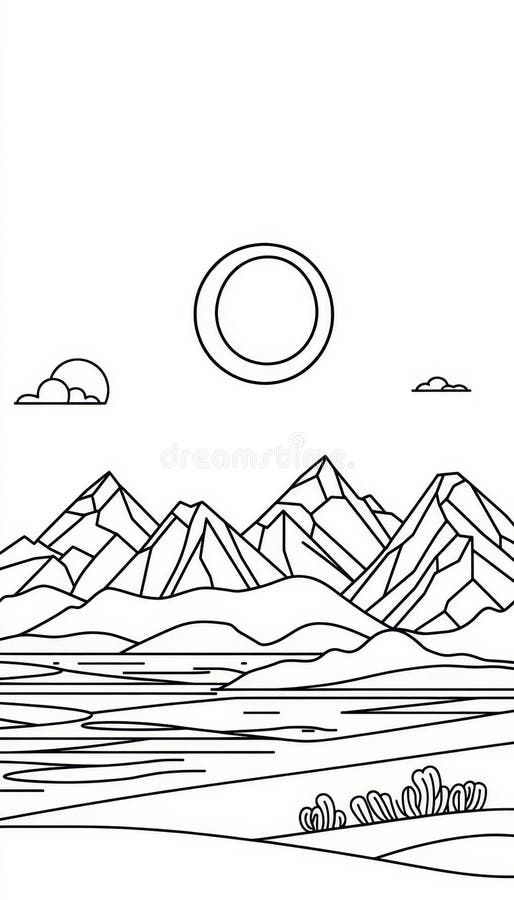 Distanța minimă între peisaje și munți în stil geometric cu ilustrația grafică Sun și Lake Line. stock illustration
