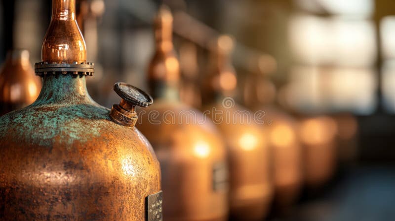 Distilarea tradițională a distileriilor din cuprul de cupru în distilerie pentru producția de băuturi stock photos