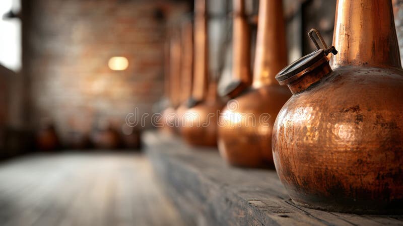 Distilerii tradiționale din cupru în distilerie pentru producția de whisky și alcool royalty free stock photography