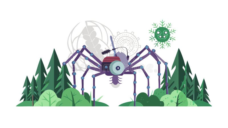 Mechanical spider in forest, nature tech, environmental monitoring, vector design Generative AI vector illustration