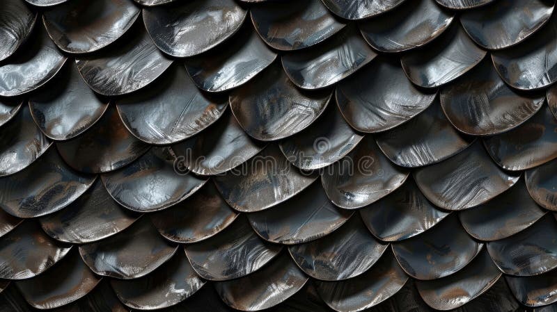 Distinctly curved and elongated scales resembling tiny bony plates with a smooth surface and glossy finish stock image