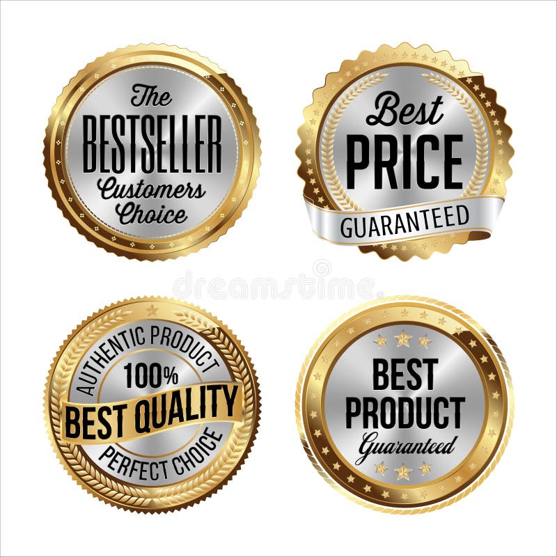 Distintivi dell'argento e dell'oro Un insieme di quattro Bestseller, migliore prezzo, migliore qualità, migliore prodotto