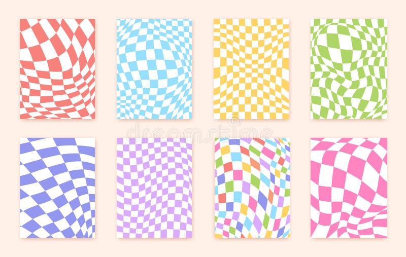 Distorted checkered posters. Patterns distortion grooved wavy squares, playfully fashion y2k, retro collage warping royalty free illustration