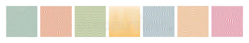 Distorted lines square background set. Groovy color lines abstract background. Trendy psychedelic retro style backdrop. Twisted distorted vector texture. Y2k aesthetic design. Vector illustration