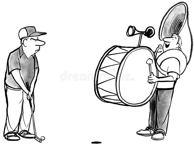 B&W illustration of a disgruntled golfer trying to putt while a one man band is playing music beside him. B&W illustration of a disgruntled golfer trying to putt while a one man band is playing music beside him.