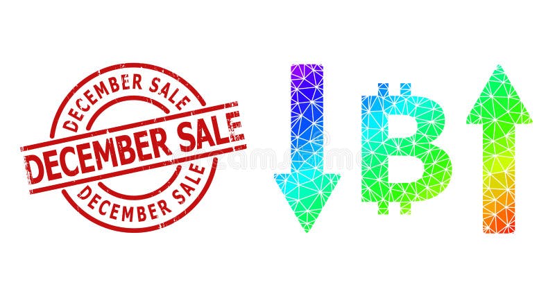 Distress December Sale Stamp Print and Lowpoly Spectrum Bitcoin Volatility Icon with Gradient stock photos