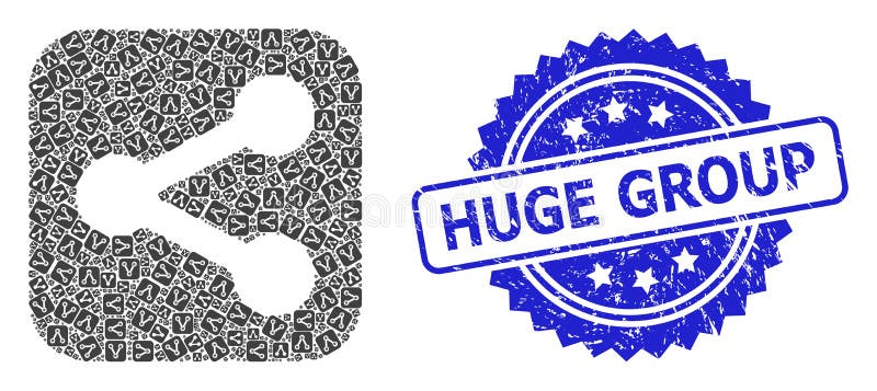 Distress Huge Group Seal and Recursion Share Icon Collage. Huge Group grunge stamp seal and vector recursion composition share. Blue seal includes Huge Group text inside rosette. Vector collage is designed with scattered rotated share pictograms.