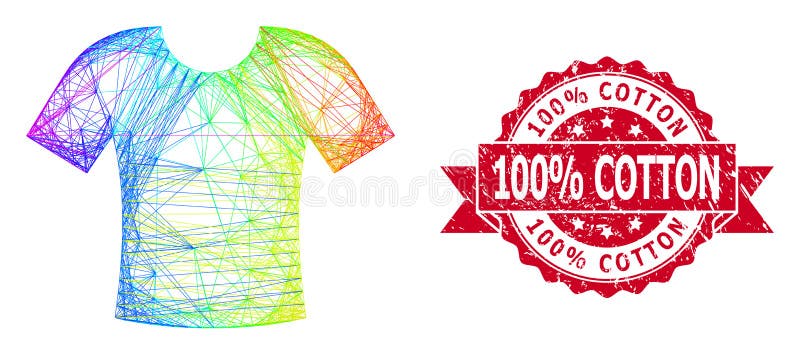 Rainbow vibrant network t-shirt, and 100  percent Cotton rubber ribbon stamp seal. Red seal contains 100  percent Cotton tag inside ribbon.Geometric linear carcass flat network based on t-shirt icon,. Rainbow vibrant network t-shirt, and 100  percent Cotton rubber ribbon stamp seal. Red seal contains 100  percent Cotton tag inside ribbon.Geometric linear carcass flat network based on t-shirt icon,