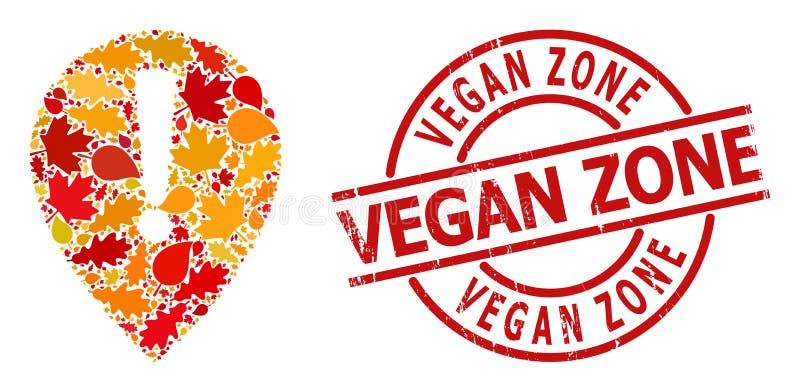 Distress Vegan Zone Stamp Print and Notice Map Pointer Autumn Collage Icon with Fall Leaves stock illustration