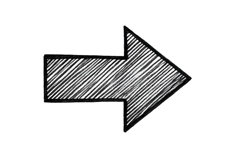 Hand drawn arrow pointing right with hatching, direction and navigation symbol stock illustration