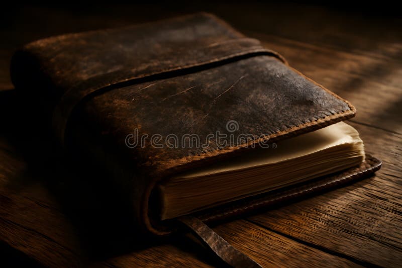 A distressed brown leather journal with aged pages and a leather strap rests on a rustic wooden surface, illuminated by soft light vector illustration