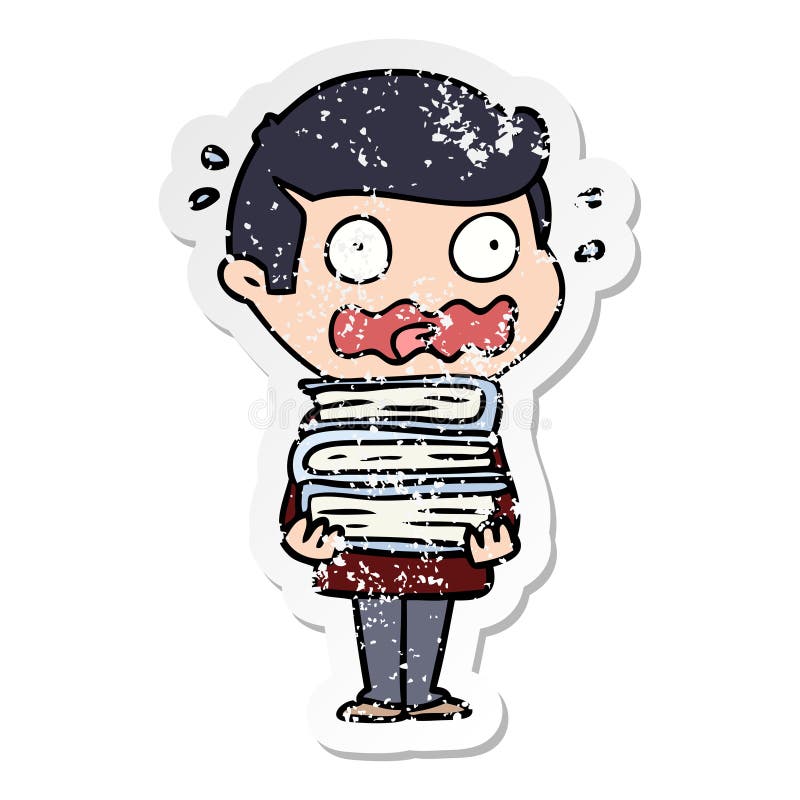 distressed sticker of a cartoon man with books totally stressed out