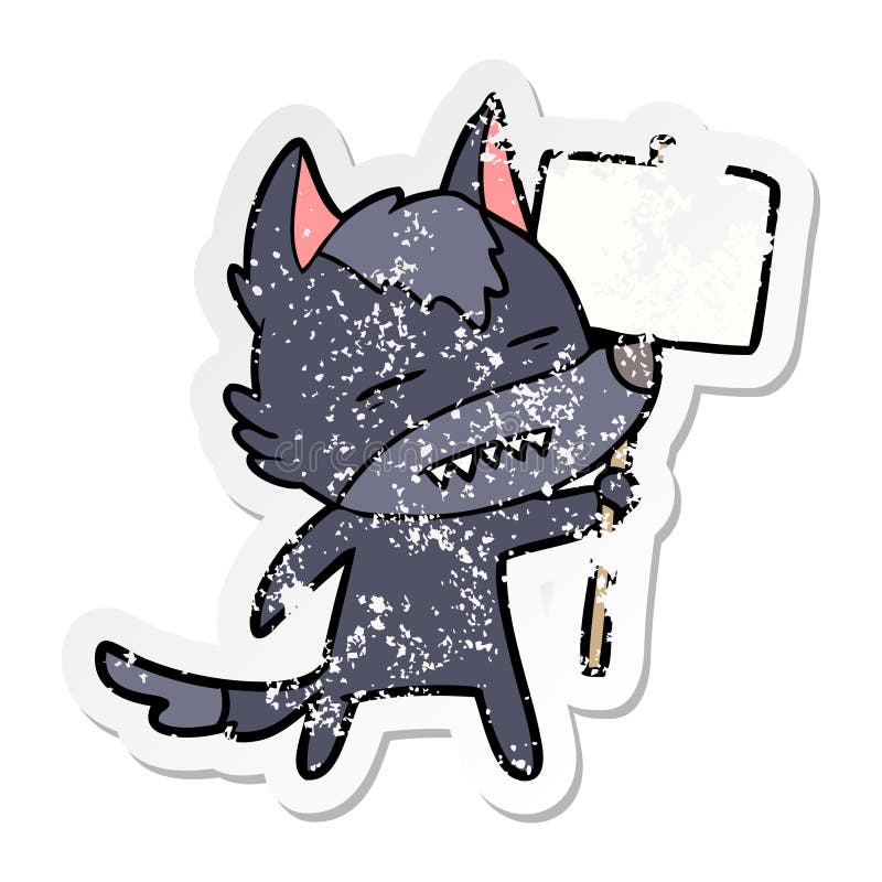 Distressed Sticker of a Cartoon Wolf with Sign Post Showing Teeth Stock