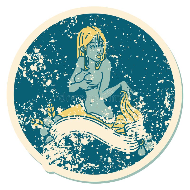 distressed sticker tattoo style icon of a pinup mermaid with banner