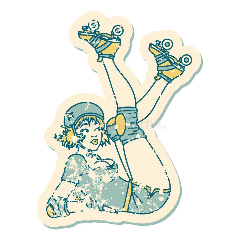 Distressed Sticker Tattoo Style Icon of a Pinup Roller Derby Girl Stock ...