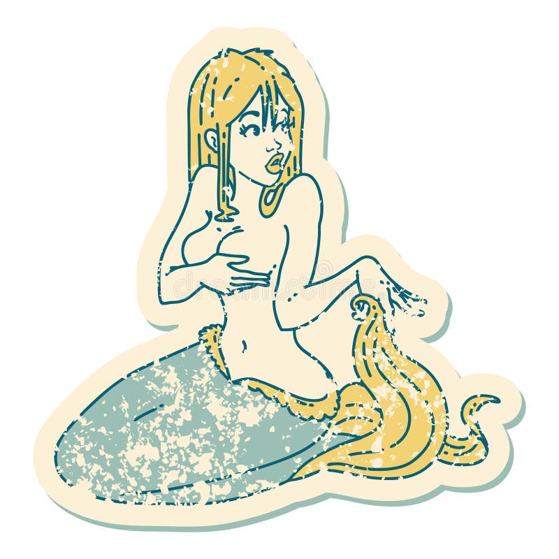 distressed sticker tattoo style icon  of a surprised mermaid