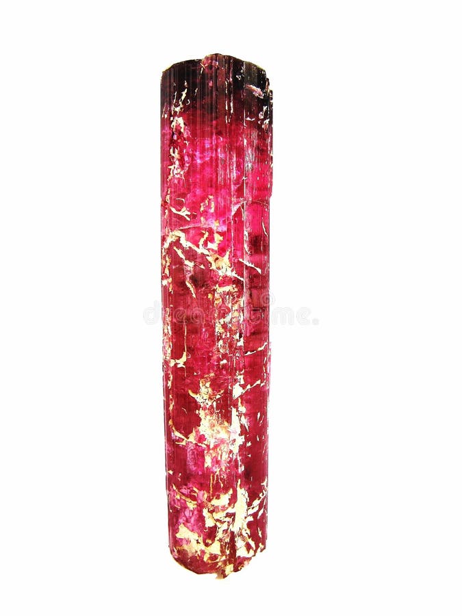 A 14cm vibrant red-pink crystal of tourmaline, variety Rubellite, Karibib, Namibia. Very sought after in the jewellery trade, by collectors and for alternate medicine - balances the body's electro-chemistry. A 14cm vibrant red-pink crystal of tourmaline, variety Rubellite, Karibib, Namibia. Very sought after in the jewellery trade, by collectors and for alternate medicine - balances the body's electro-chemistry