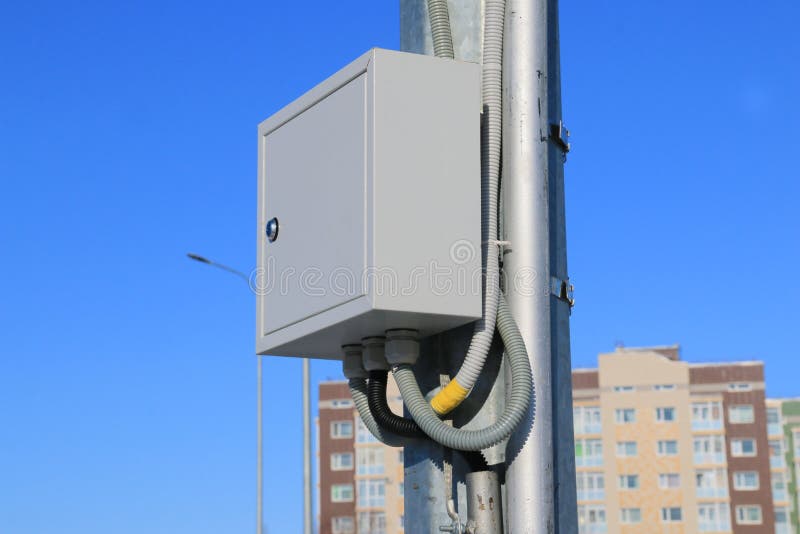 Distribution Box on a Street Pole Stock Image Image of control, city