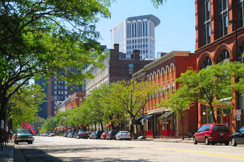 A street in downtown Cleveland Ohio's trendy Warehouse District, with the Justice Center rising behind. A street in downtown Cleveland Ohio's trendy Warehouse District, with the Justice Center rising behind