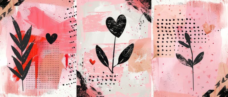 This is a set of Art a4 collage designs for 14 February. Posters with halftone hands, hearts, and typography. Contemporary banner template. Cut out on pink dotted texture. Examples of New Wave style. AI generated. This is a set of Art a4 collage designs for 14 February. Posters with halftone hands, hearts, and typography. Contemporary banner template. Cut out on pink dotted texture. Examples of New Wave style. AI generated