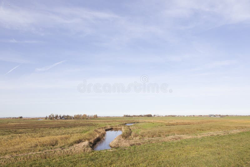 Ditch and meadows in waterland near uitdam in noord-holland