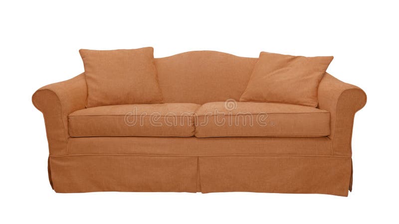 Divano arancione con cuscini isolati su fondo bianco. Sofà arancione con due cuscini isolati su fondo bianco. classico divano in stile inglese con copertina in tappeto