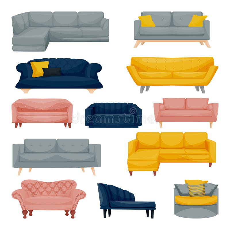 divano moderno e panini da divano Elementi di progettazione di mobili interni Icone subacquee per la casa e l'ufficio Figura piat