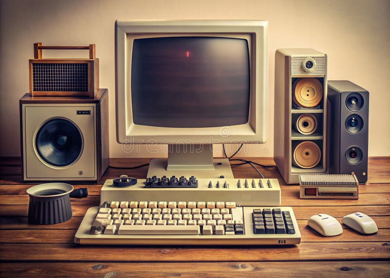 Step back in time with this captivating desktop setup, a vibrant testament to the golden age of computing. A beige computer, a chunky keyboard, and a boxy monitor reign supreme, surrounded by a treasure trove of nostalgic items. Cassette tapes, vinyl records, and retro gaming controllers whisper tales of a bygone era. The setup evokes a potent sense of nostalgia, reminding us of the simple. Old computer keyboard cpu monitor illustrations