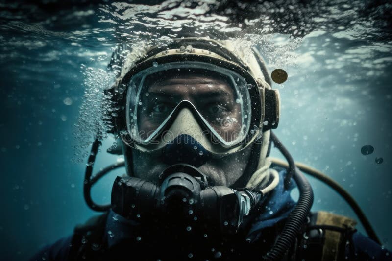 Diver with equipment is underwater. 3d style picture. Beautiful image. Generative AI vector illustration