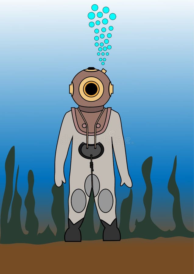 Diver in an Old Diving Suit Stock Vector Illustration of deep, cord