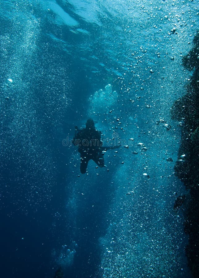 Diver in a sea of bubbles.