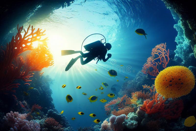 A Diver Swims Underwater Surrounded by Exotic Fish and Corals. AI