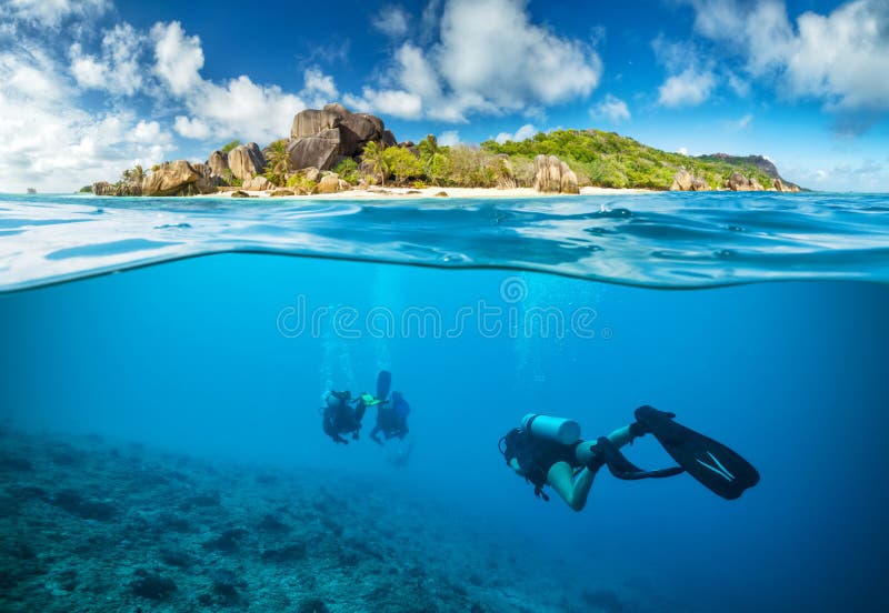 Divers below the surface in Seychelles exploring corlas. Seychelles stock images, royalty-free photos and pictures