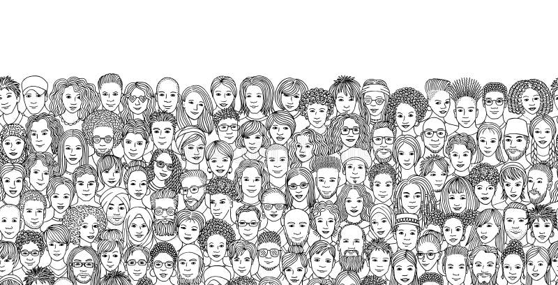 Diversa folla della gente, illustrazione in bianco e nero dell'inchiostro