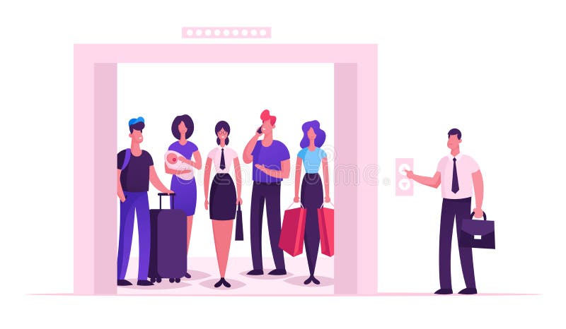 Diversa gente que se coloca en elevador con las puertas abiertas. Grupo de varios hombres y mujeres esperando dentro del elevador libre illustration Diversa gente que se coloca en elevador con las puertas abiertas. Grupo de varios hombres y mujeres esperando dentro del elevador libre illustration