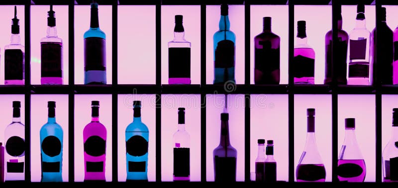 Diversas botellas del alcohol en una barra, entonada