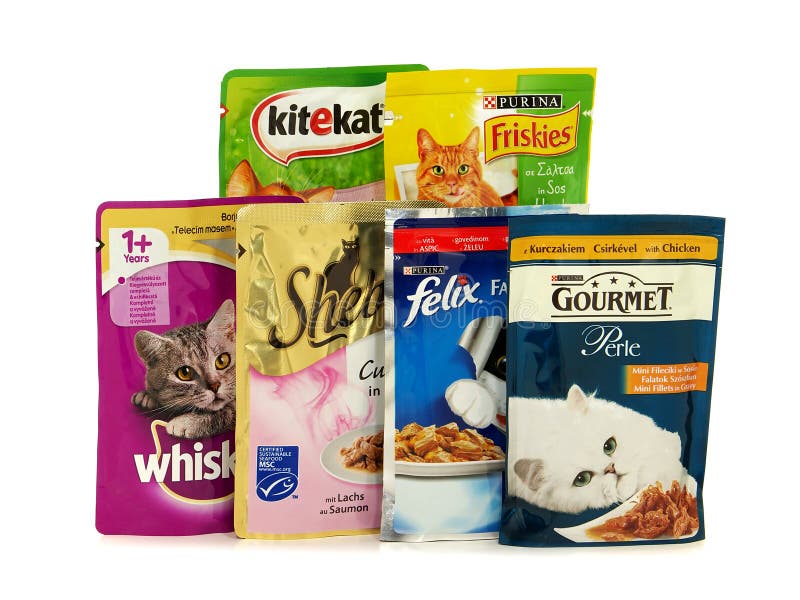 Diversas marcas de comida para gatos mojada que se pueden comprar en el mercado europeo fotos de archivo libres de regalías Diversas marcas de comida para gatos mojada que se pueden comprar en el mercado europeo fotos de archivo libres de regalías