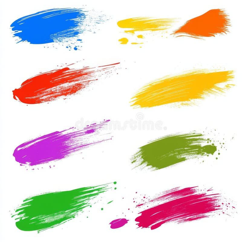 A diverse array of bright paint strokes highlighted on a clean white background stock image