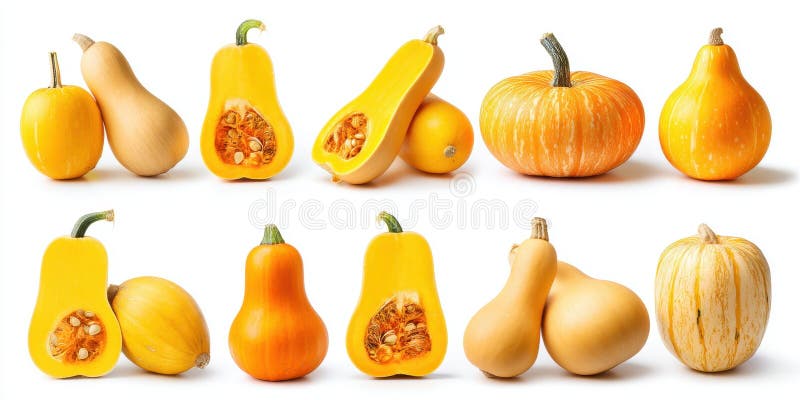 Diverse Assortment of Pumpkins and Squash Arranged on a Clean White ...