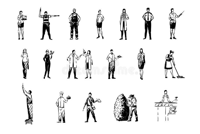 Diverse beroepen, financieel analist, manusje van alles, politieman, schoolleraar, wetenschapsarbeiders, geplaatste beroepen royalty-vrije illustratie Diverse beroepen, financieel analist, manusje van alles, politieman, schoolleraar, wetenschapsarbeiders, geplaatste beroepen royalty-vrije illustratie