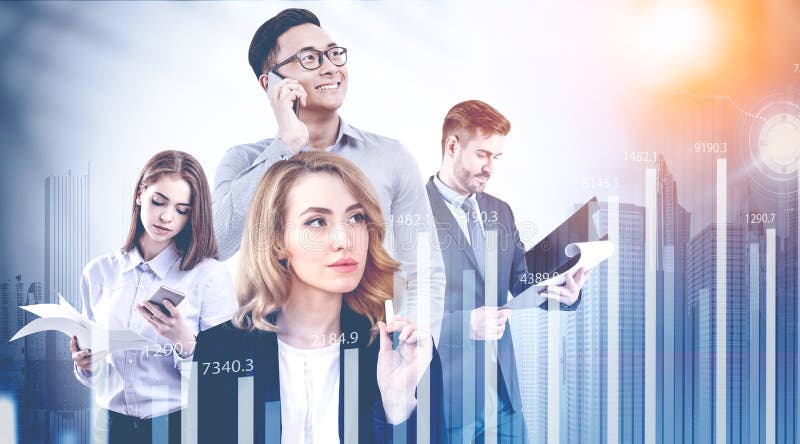 Diverse business team in city, graph royalty free stock images Diverse business team in city, graph royalty free stock images