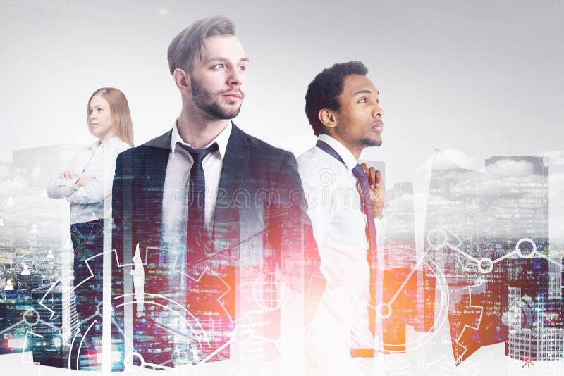 Diverse business team in city, gears stock photo Diverse business team in city, gears stock photo
