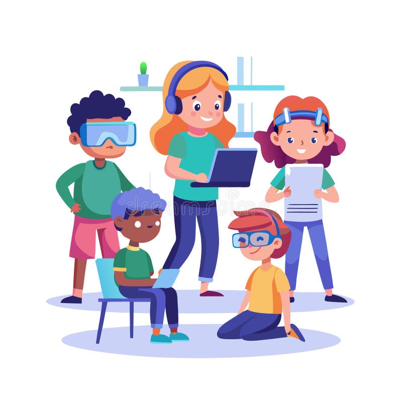 Diverse Children Enjoying Virtual Reality and Technology Learning Together in a Modern Setting royalty free illustration