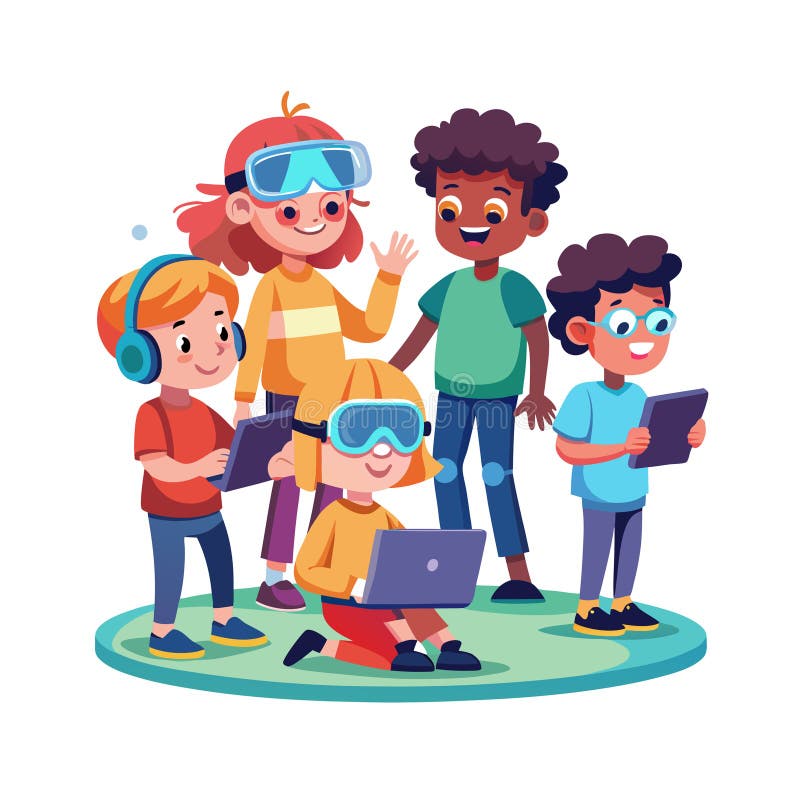 Diverse Children Exploring Technology: VR, Tablets and Laptops in Modern Education vector illustration