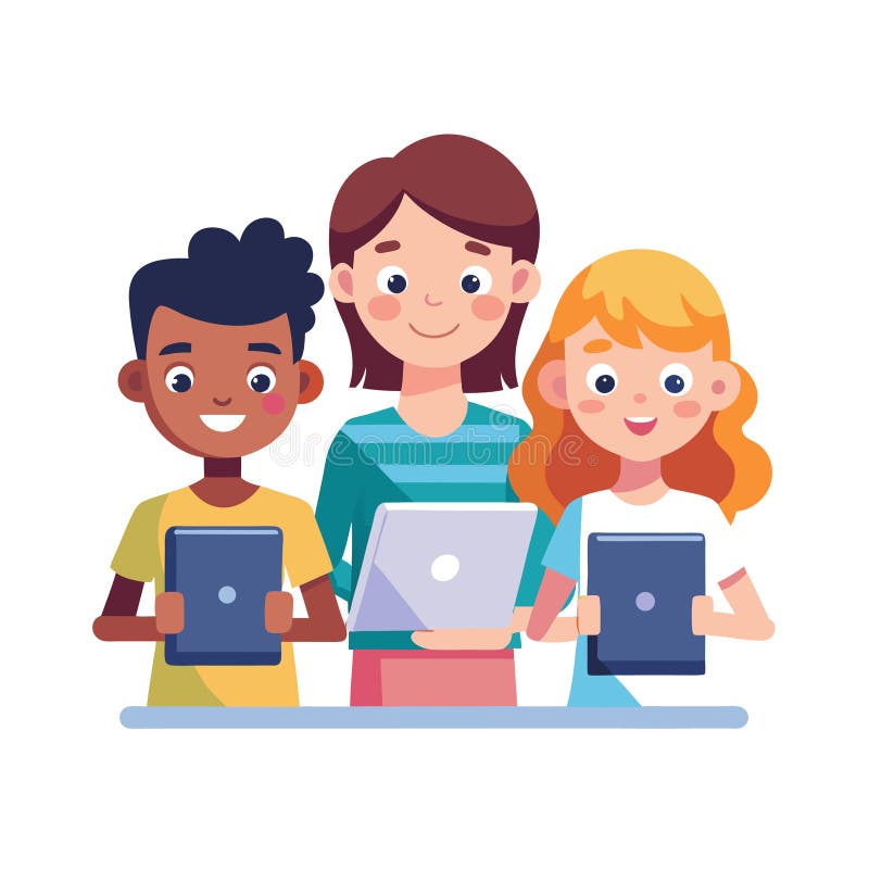 Diverse Children Learning Together with Tablets and Laptop, Education and Technology stock illustration