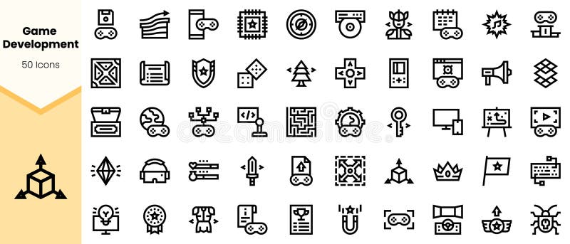 A diverse collection of game development icons, featuring various design elements like controllers, trophies, and tools, perfect royalty free illustration
