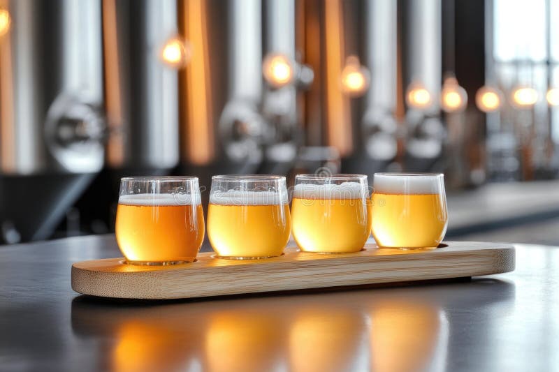 Diverse craft beer sampler on rustic wooden table in brewery setting royalty free stock photography