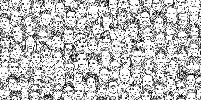 Diverse crowd of people in black and white vector illustration
