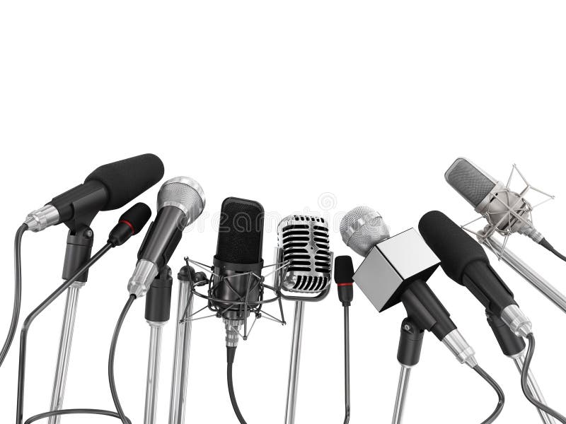 Diverse die microfoons bij persconferentie worden gericht